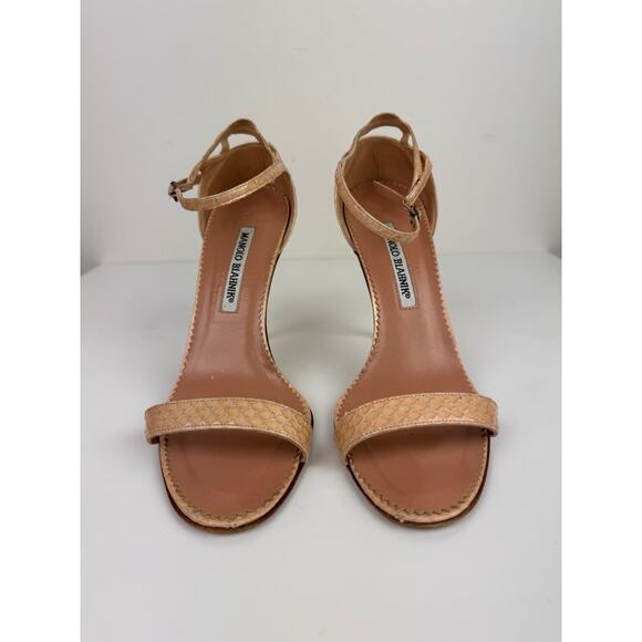 Manolo Blahnik Chaos Sandal 37.5 Beige Blush SnakeSkin Ankle Strap Stiletto Heel - Picture 3 of 10